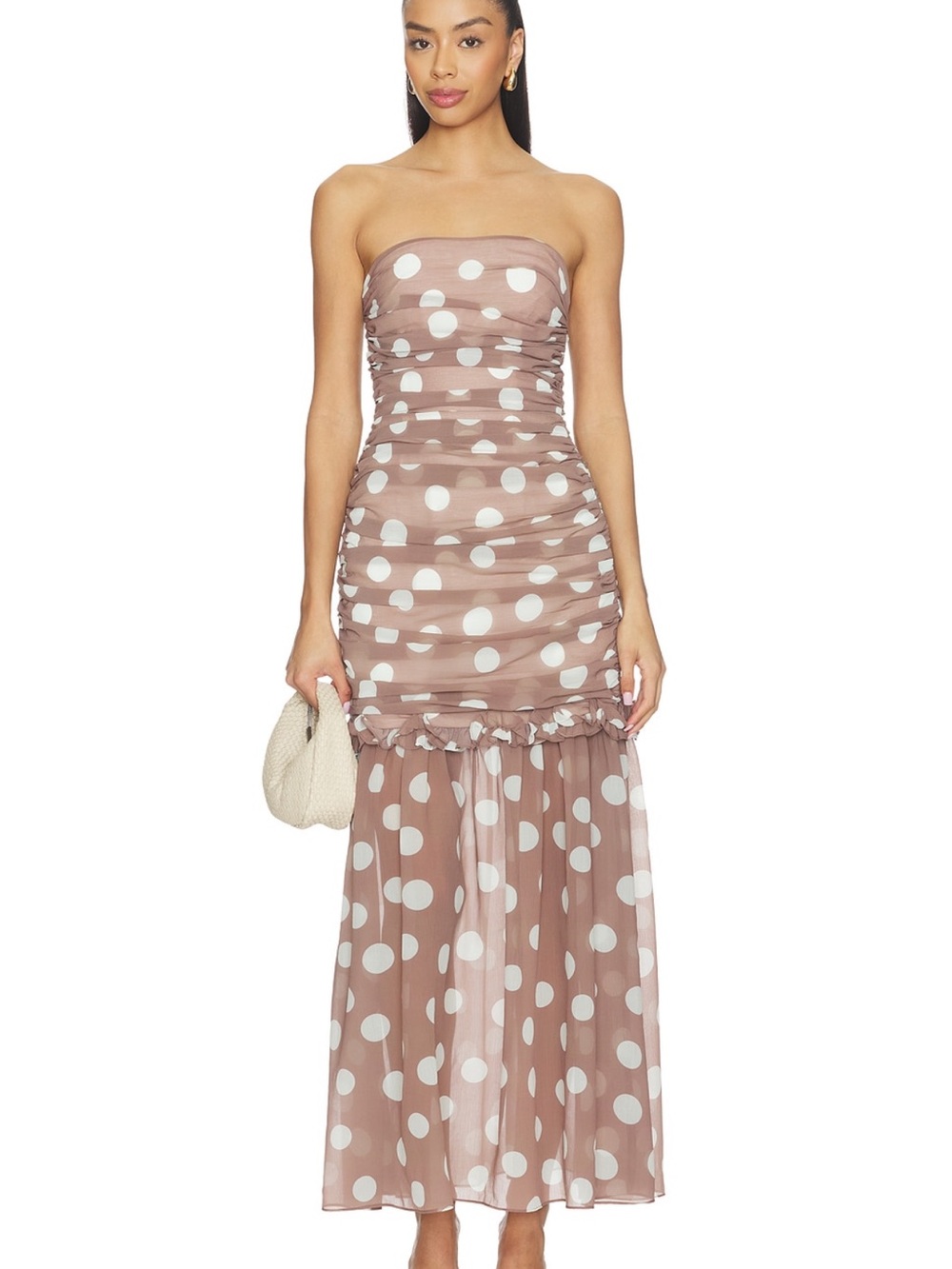 Elliatt Dusty Rose Polka Dot Strapless Ruched Maxi Dress